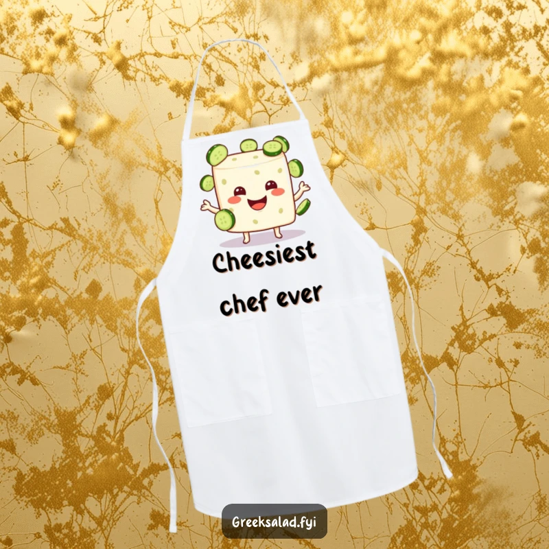 Funny feta cheese cube character actively juggling small cucumber slices, protective apron for cooking.