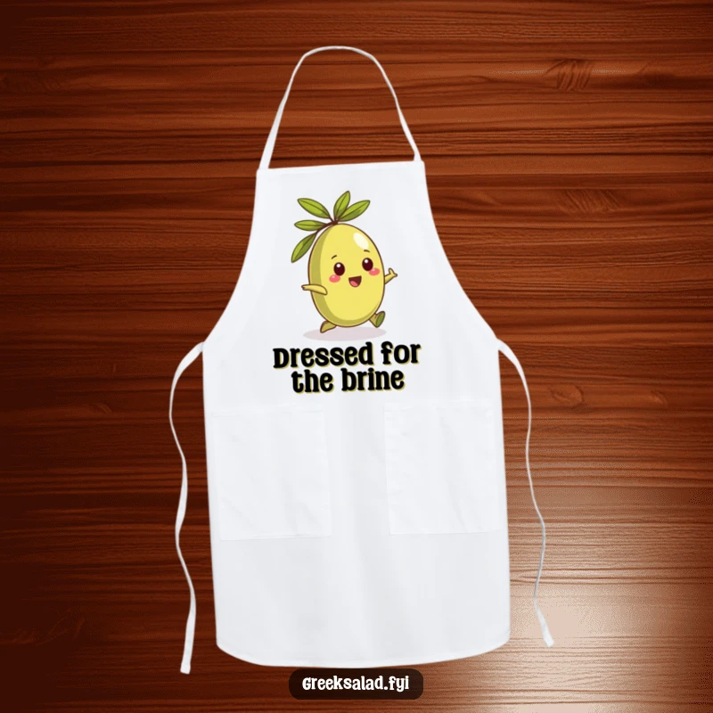 Funny apron with a playful Greek olive character rolling happily, perfect for kitchen fun.