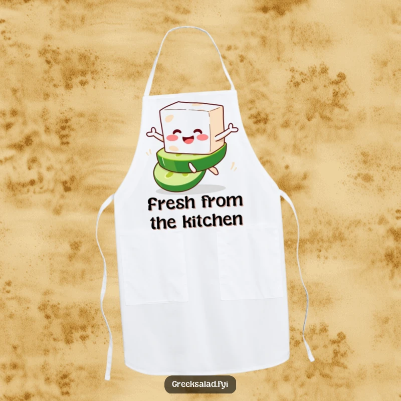 Funny apron design of a smiling feta cheese block character playfully leaping from a cucumber slice, ideal for kitchen fun.