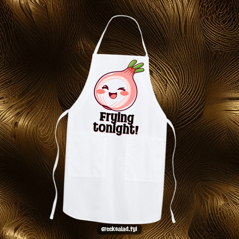 Funny Apron with a smiling red onion ring winking playfully, perfect for adding a touch of cheeky fun to cooking.