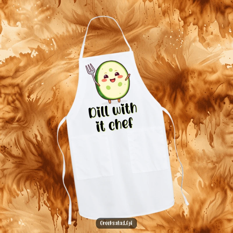 Funny Apron: A joyful cucumber slice grins and waves a tiny fork, perfect for humorous cooking.