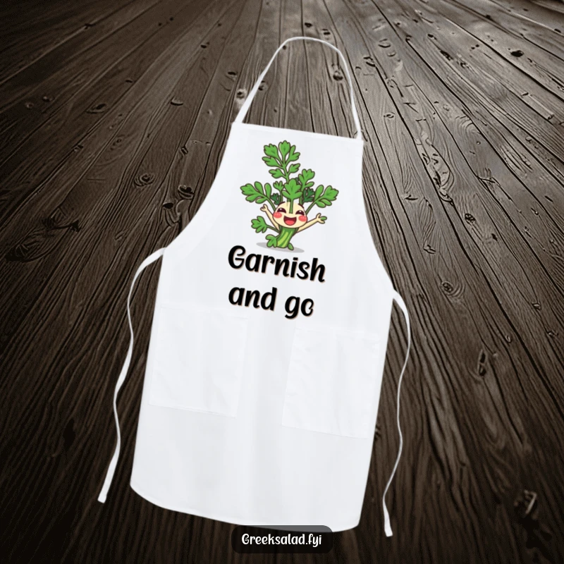 Funny Apron: A happy parsley sprig joyfully does a somersault, perfect for humorous cooking.