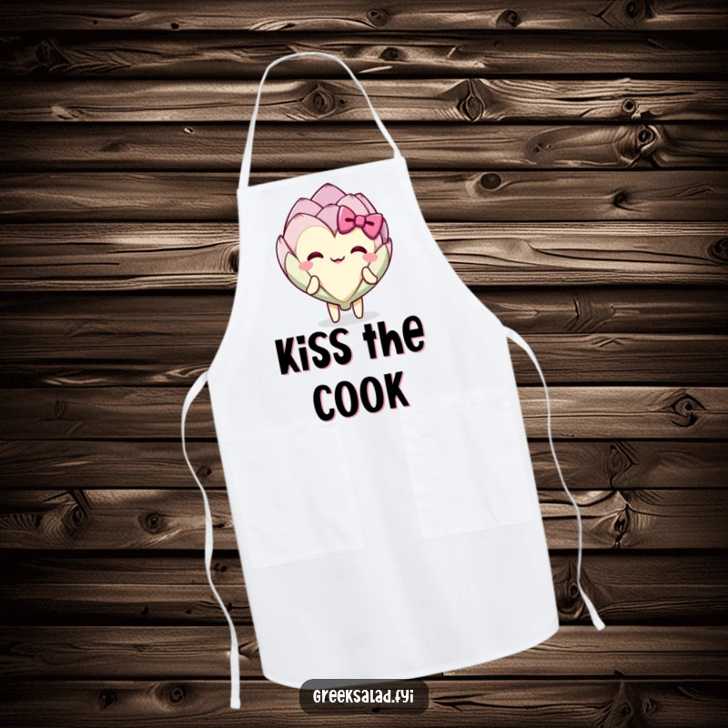 Funny delighted artichoke heart character in a charming bow, protective apron for kitchen adventures.