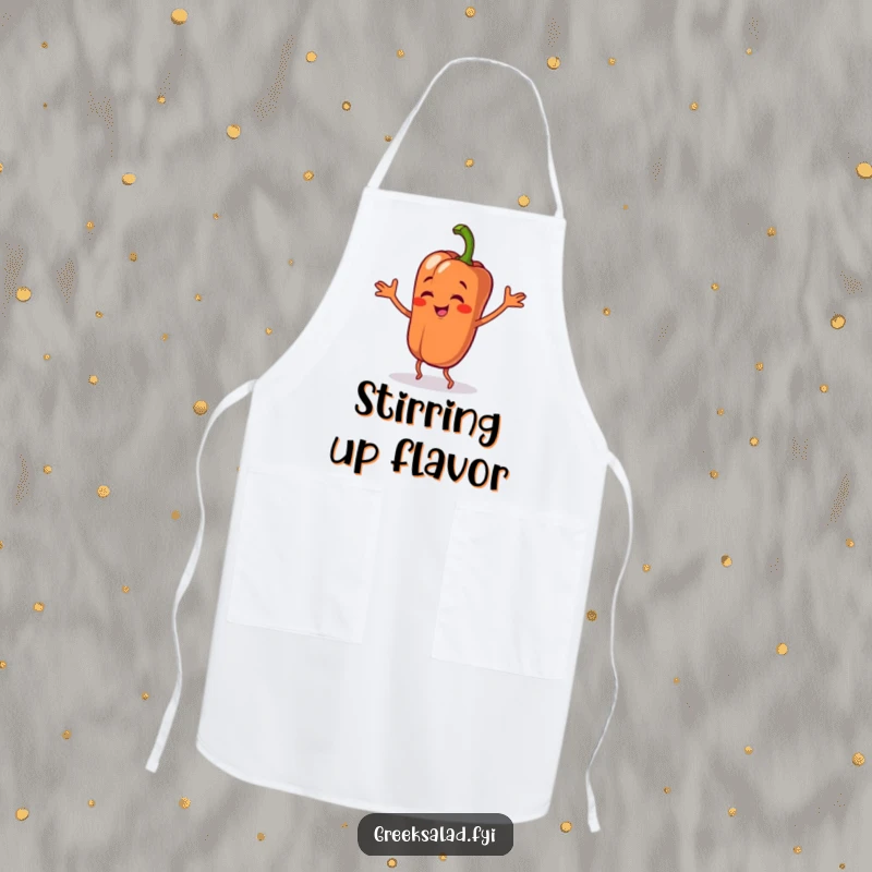 Funny apron featuring a bell pepper character dancing sillily, perfect for chefs who enjoy adding a touch of vegetable-themed humor to their creations.