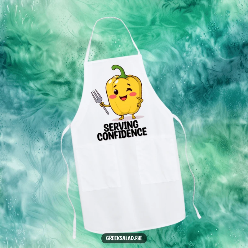 Funny apron featuring a jolly bell pepper in a confident pose holding a mini fork, perfect for adding a playful and assured touch to kitchen tasks.