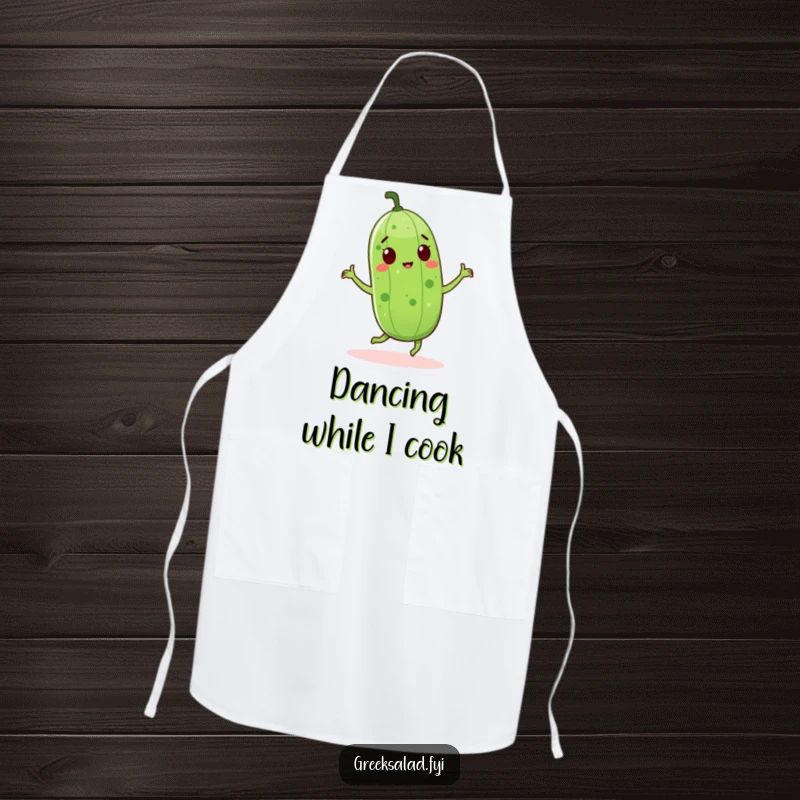 Funny cucumber character dancing merrily on a cooking apron, adding a fun and energetic touch to culinary tasks.