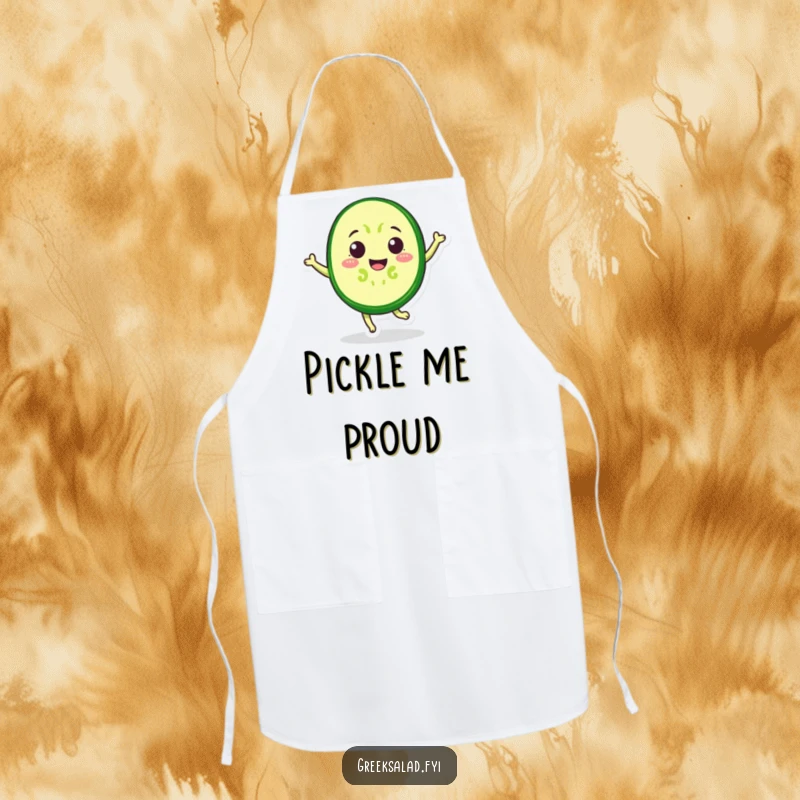 Funny Apron featuring a cheerful cucumber slice doing a lively jump, protecting your clothes with a side of veggie humor.