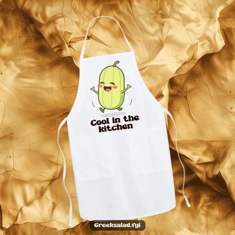 Funny cucumber apron with a jubilant character doing a joyful roll, perfect for kitchen adventures and a humorous cooking experience.