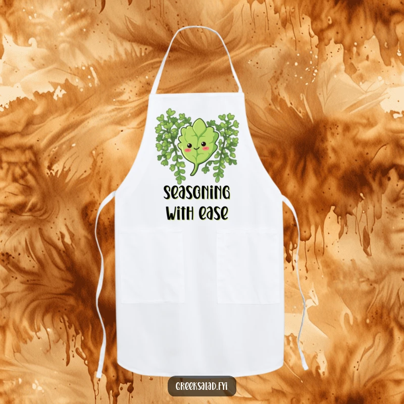 Funny apron with a curious oregano leaf with a smile, gently floating down, perfect for calm culinary experiences.