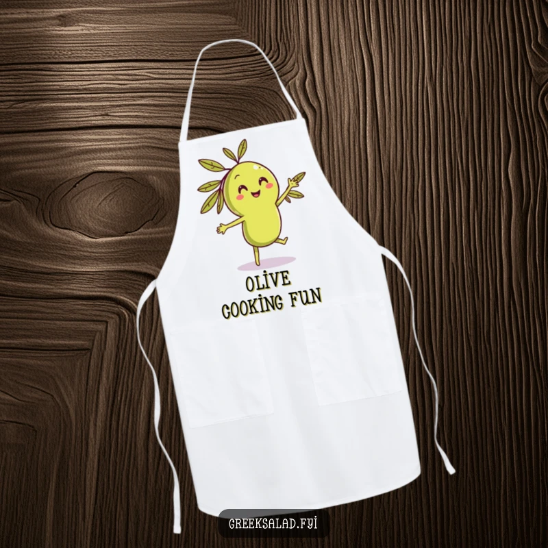 Funny dancing olive apron with a smiling character doing a playful dance, ideal for adding humor to cooking and kitchen activities.