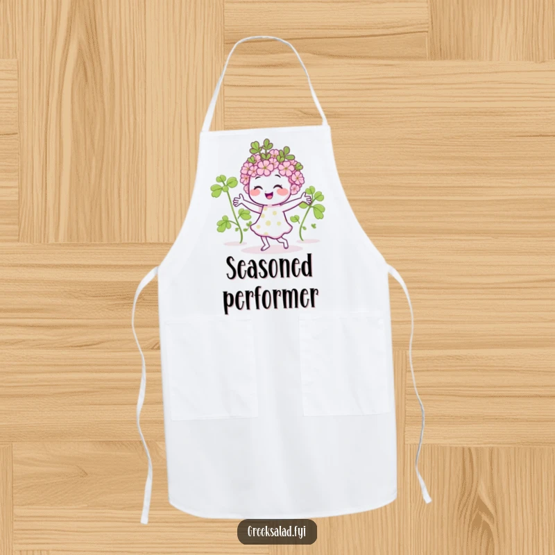Funny apron showcasing a lively oregano sprig dancing during cooking, providing kitchen protection with a humorous herb design.