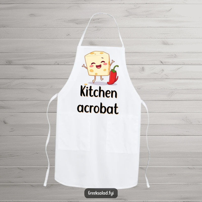 Funny apron with a winking feta cheese block playing leapfrog over a pepper, a humorous kitchen accessory.