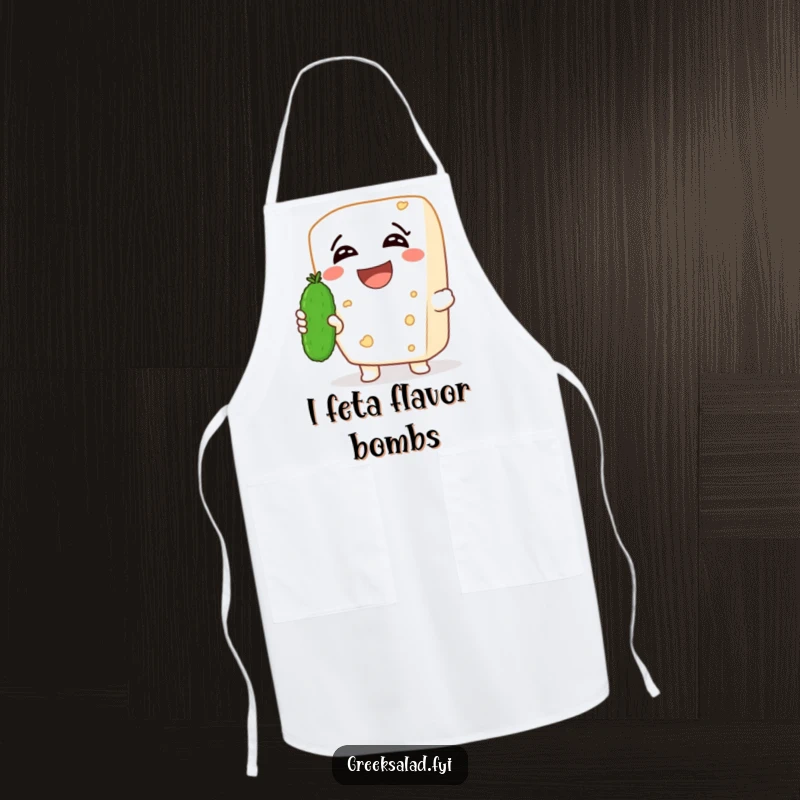 Funny apron featuring a laughing feta cheese character holding a tiny cucumber, perfect for adding a humorous touch to cooking.