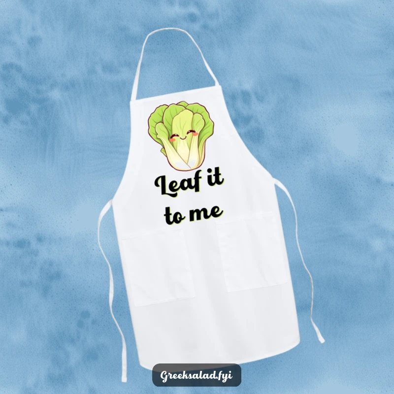 Funny apron showing a giggling romaine lettuce leaf waving hello, providing kitchen protection with a humorous vegetable design.