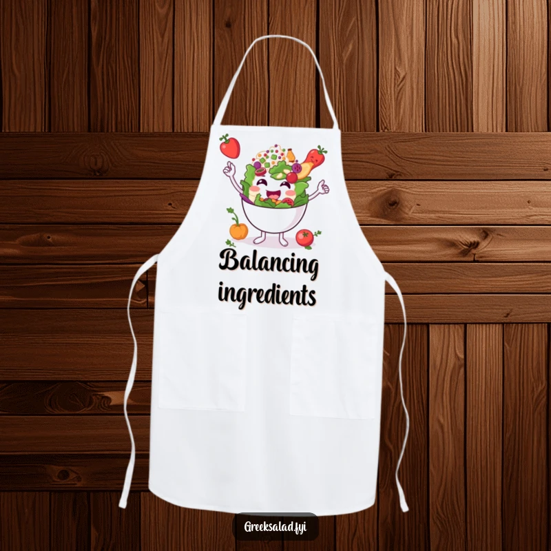 Funny smiling Greek salad bowl character balancing tiny ingredients on a cooking apron, ideal for culinary tasks with humorous grace.