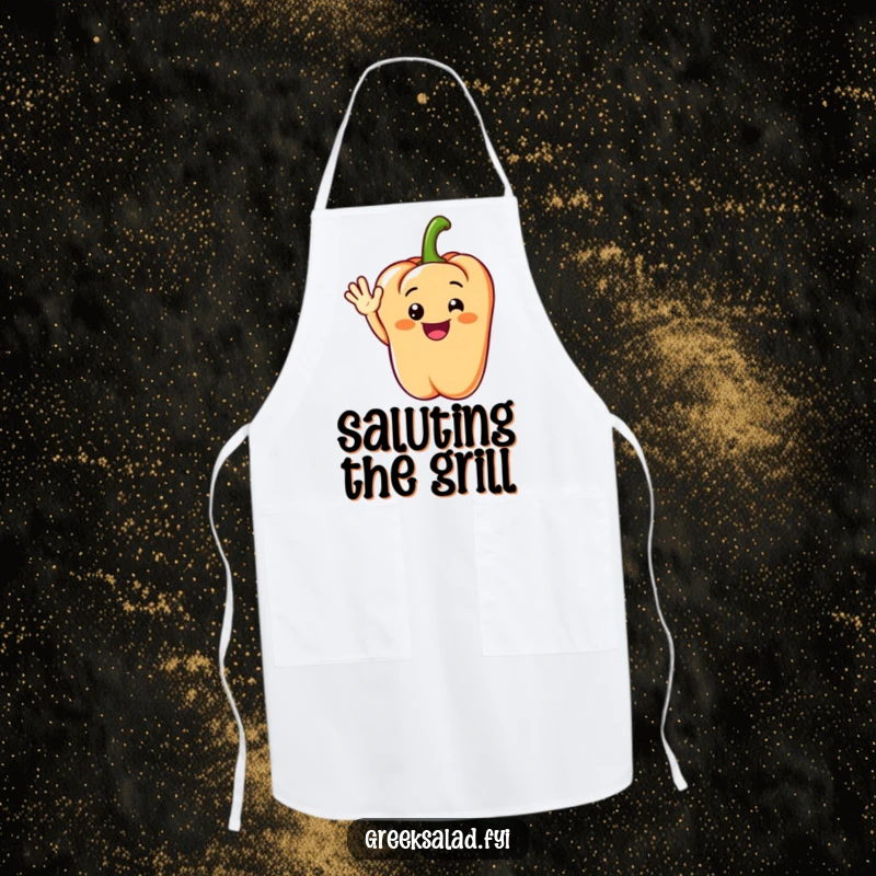 Funny apron with a grinning bell pepper segment doing a cheerful wave, perfect for friendly food preparation.