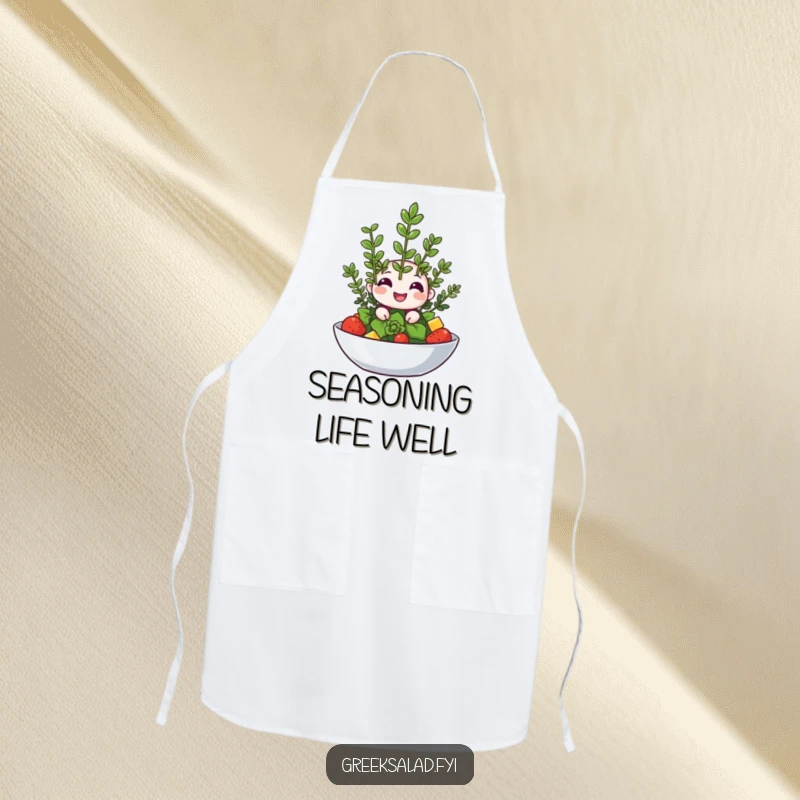 Funny apron with a happy oregano sprig winking from atop a salad, perfect for kitchen wit.