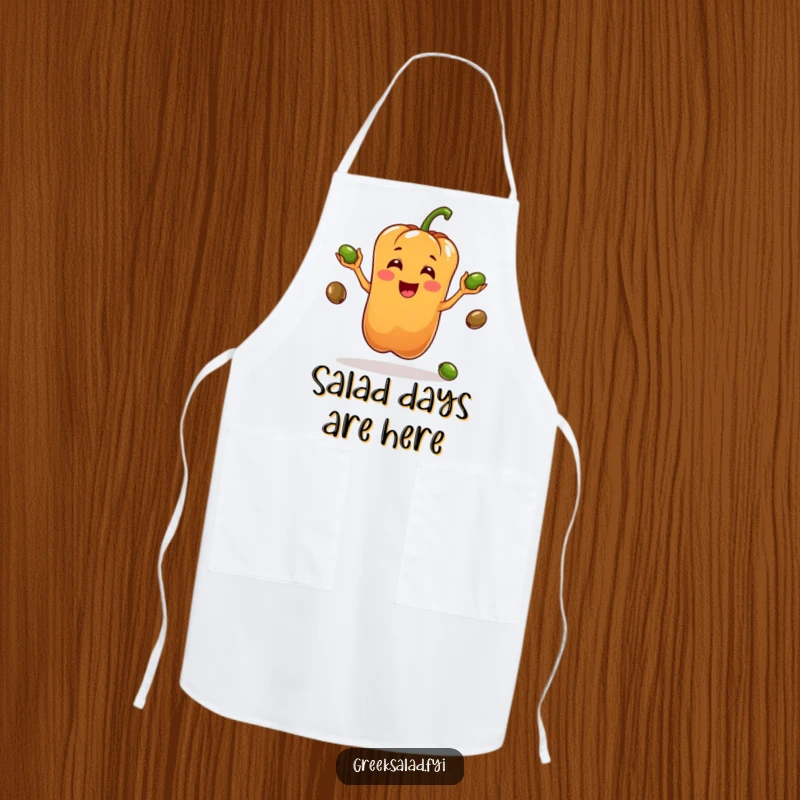 Funny apron featuring a bell pepper character skillfully juggling olives, ideal for adding a playful and humorous touch to the kitchen.