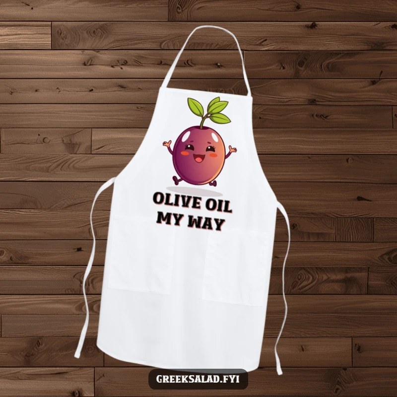 Funny Kalamata olive with a stem depicted joyfully hopping on a kitchen apron, adding humor to cooking.