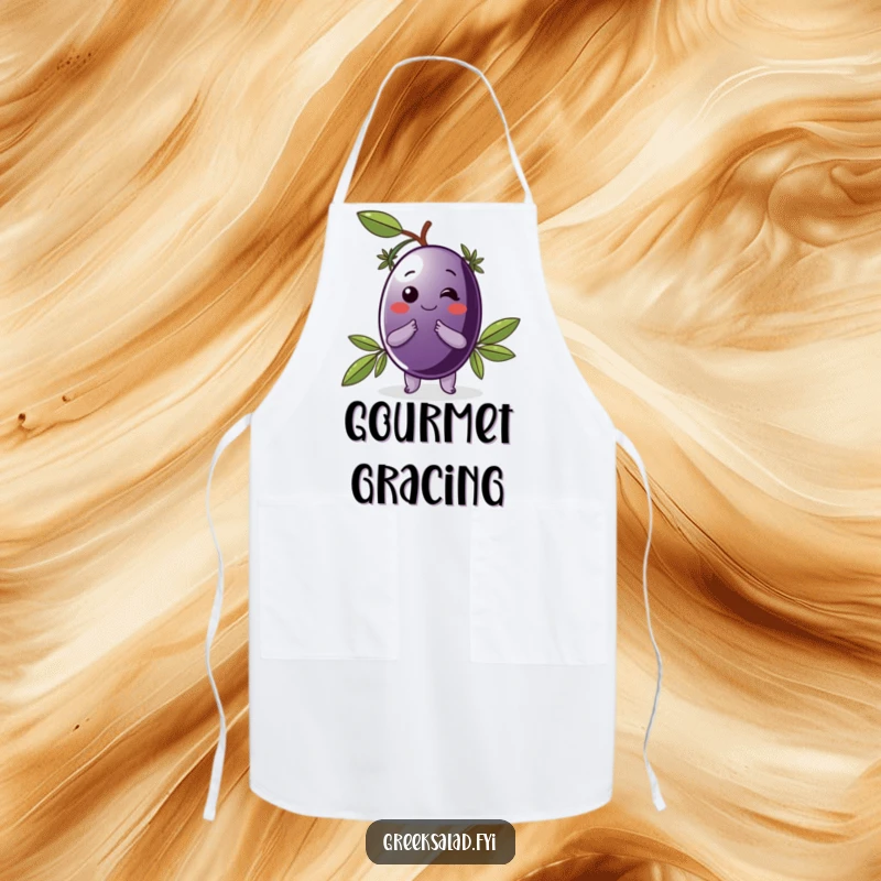Funny apron with a delighted Kalamata olive wearing a laurel wreath and bowing, a stylish and humorous kitchen accessory.