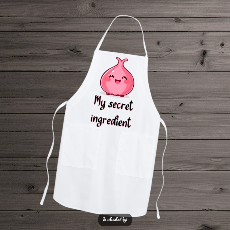 Funny apron featuring a happy red onion peeking out, bringing kitchen humor to cooking.