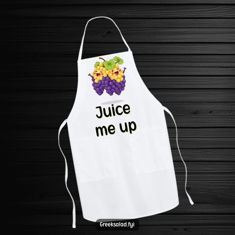 Funny apron showcasing a bunch of grapes in a dynamic synchronized jump, ready to add fun and flair to any kitchen task.