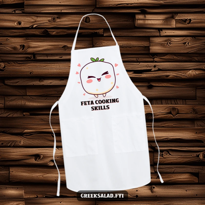 Funny winking feta cheese apron with a jolly character winking mischievously, ideal for adding humor to cooking activities.