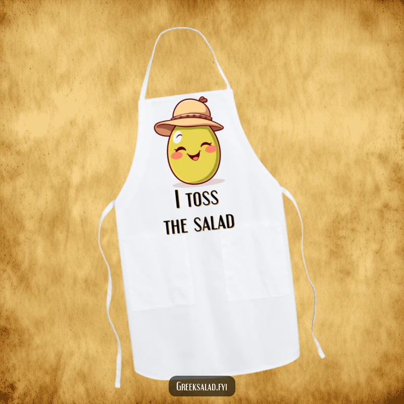 Funny apron with a smiling olive wearing a jaunty hat and giving a playful wink, ideal for adding charm to kitchen tasks.