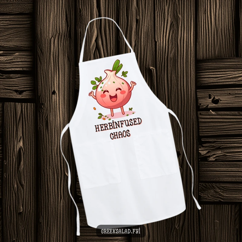 Funny grinning red onion ring character wiggling energetically and sprinkled with herbs on a kitchen apron, kitchen comedian funny gift.