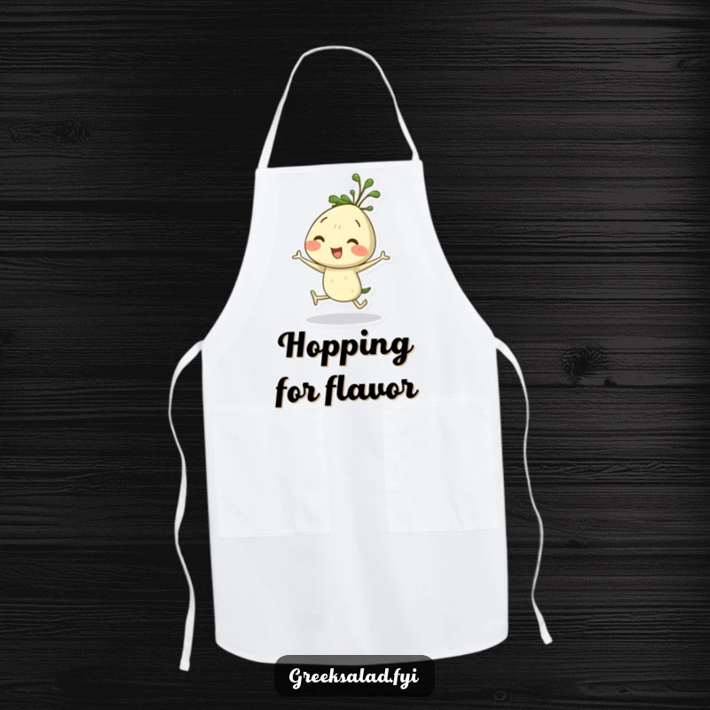 Funny dill sprig apron showing a cheerful herb character mid-hop, adding a playful and energetic touch to the kitchen.