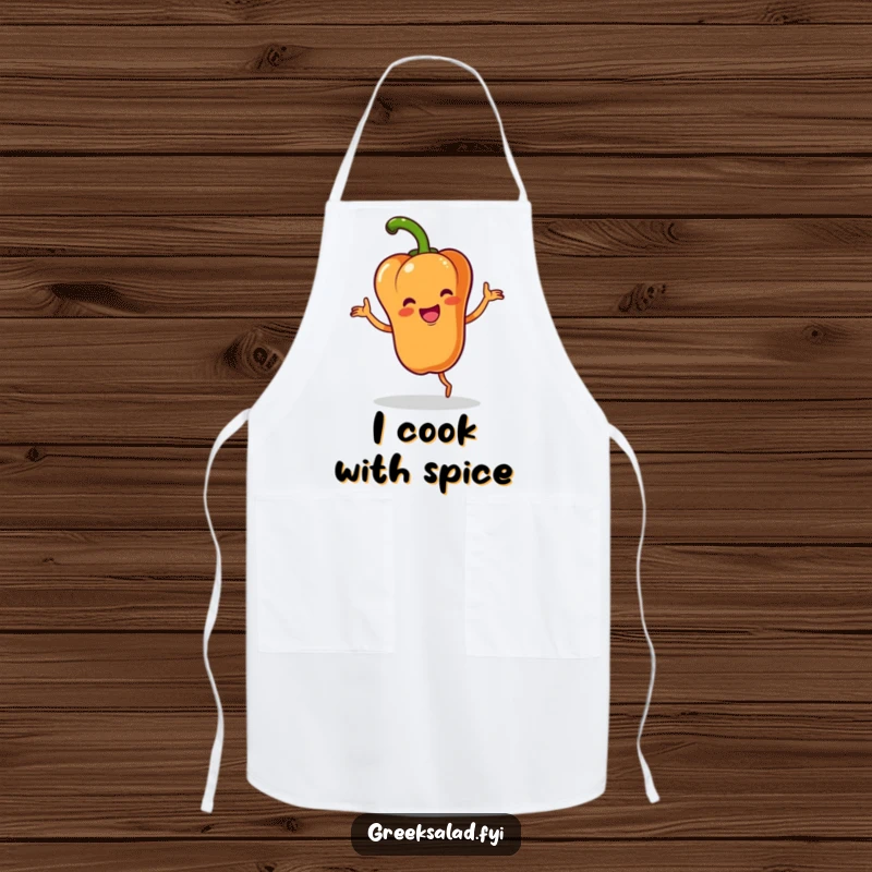 Funny apron with a happy bell pepper character performing a lively jig with a flourish, ideal for kitchen fun and protection.