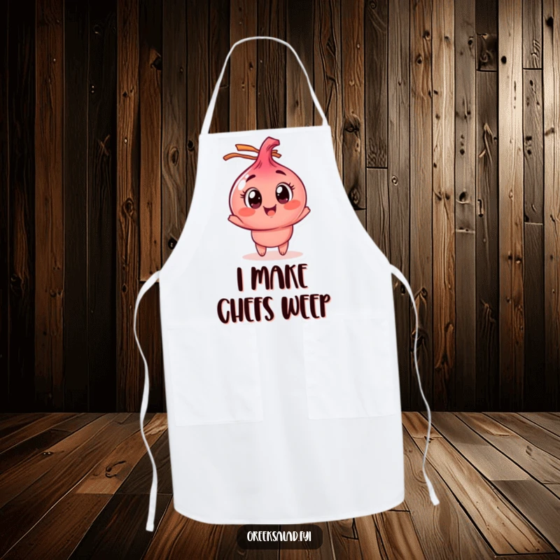 Funny red onion apron with a character spinning enthusiastically, ideal for kitchen fun and a humorous cooking experience.