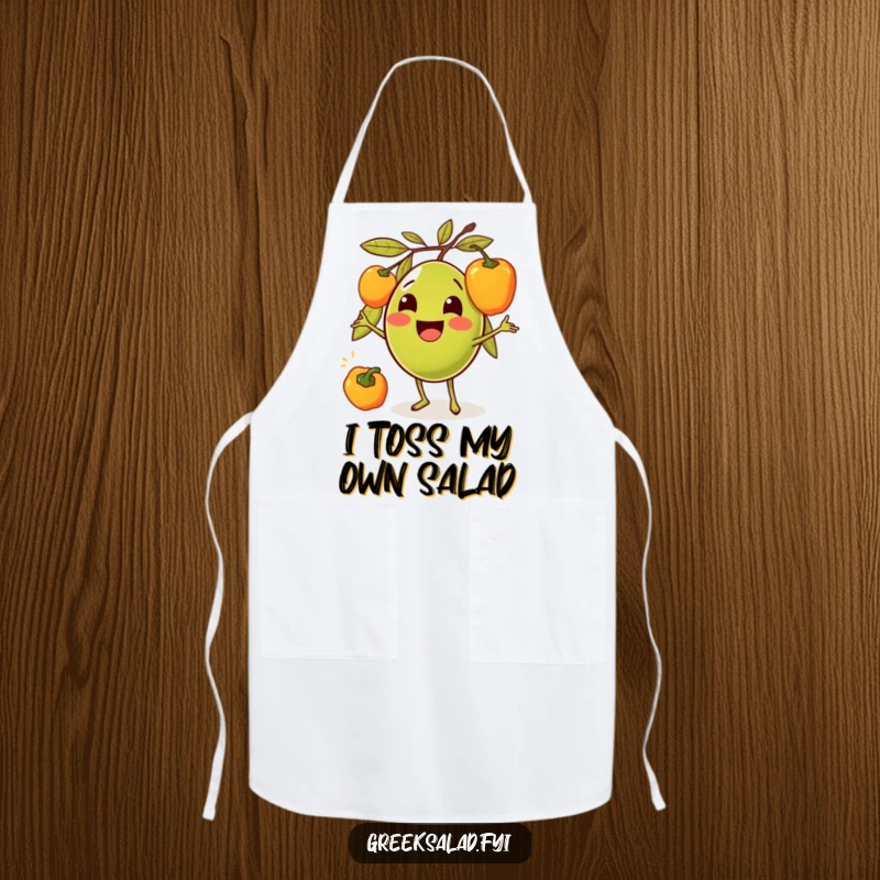 Funny apron for cooking, showing a smiling olive character juggling colorful bell peppers, designed for kitchen fun.