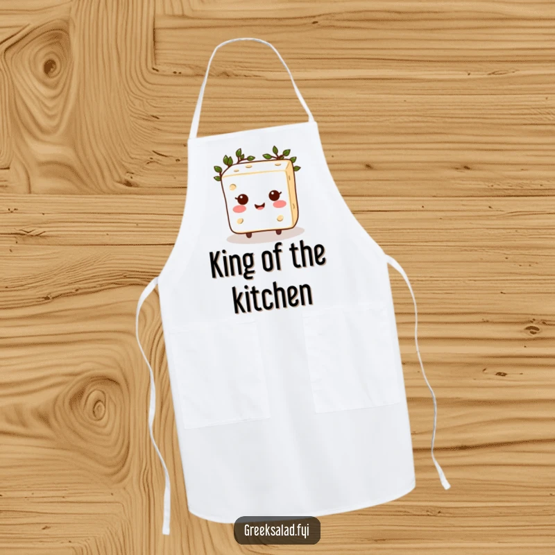 Funny Feta Cheese Apron: A smiling feta cheese cube with a laurel wreath, ready to oversee your cooking with cheesy authority.