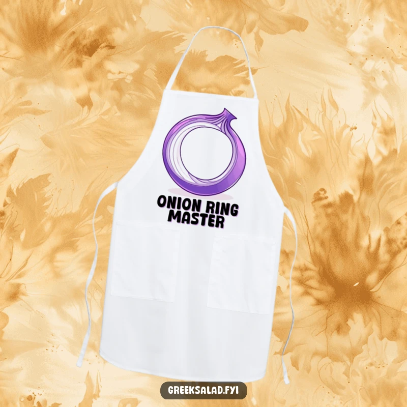 Funny purple onion ring spinning on its edge, featured on a stylish apron, bringing humor to the kitchen.