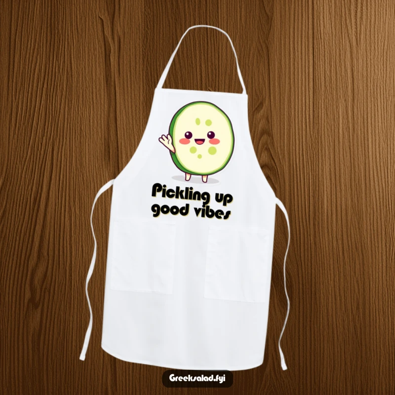 Funny apron with a happy cucumber slice character waving cheerfully, ready to add humor to any cooking session.