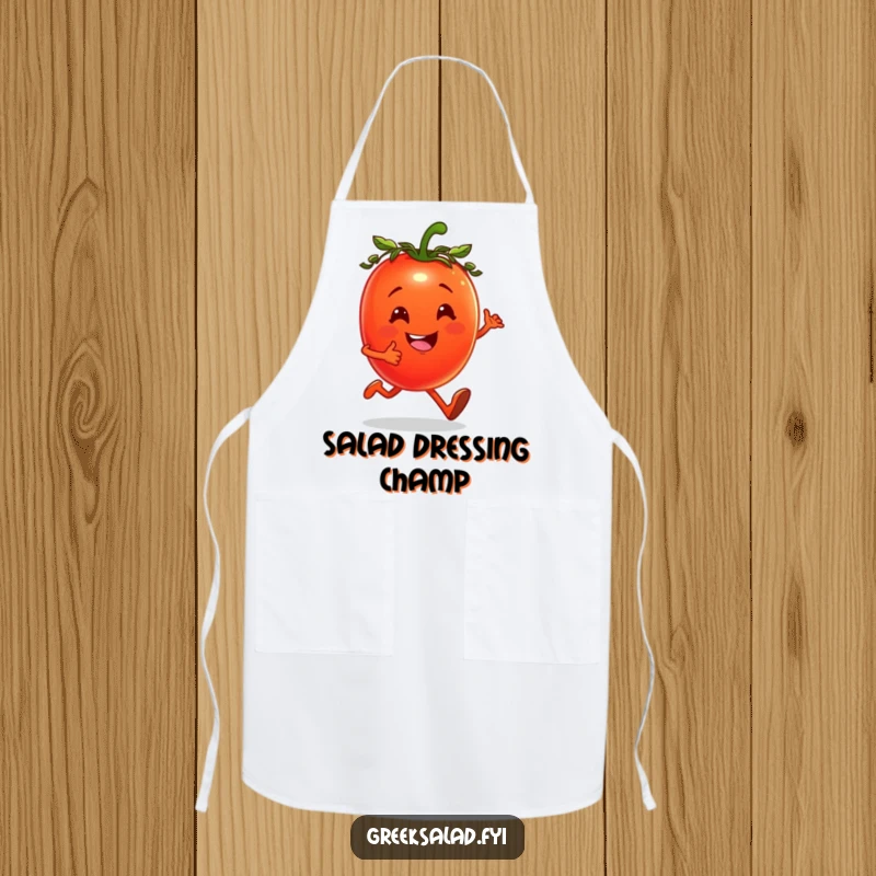 Funny apron with a cheerful tomato, laurel wreath, jogging happily, perfect for healthy cooking.