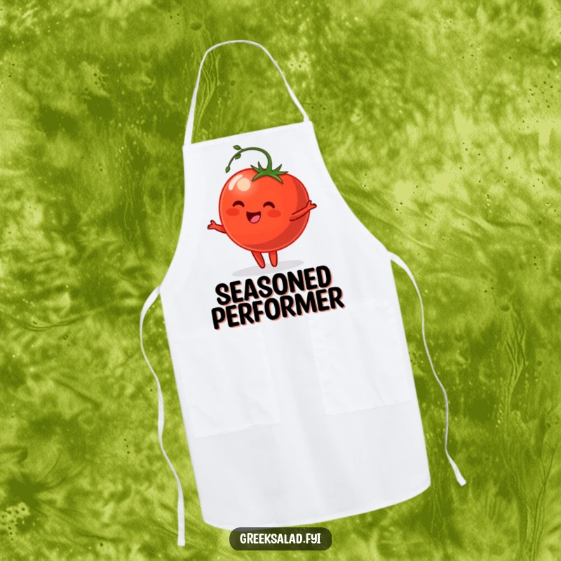 Funny Apron featuring a happy tomato with a stem doing a graceful pirouette, perfect for kitchen activities with a touch of class.