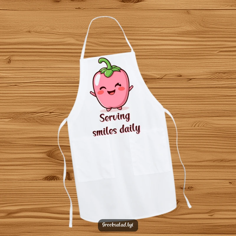Funny apron with a cheerful bell pepper character offering a bright smile, ready for kitchen fun.
