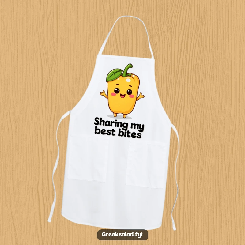 Funny bell pepper character offering a mini olive on a cooking apron, ideal for culinary activities with a touch of cheerful generosity.