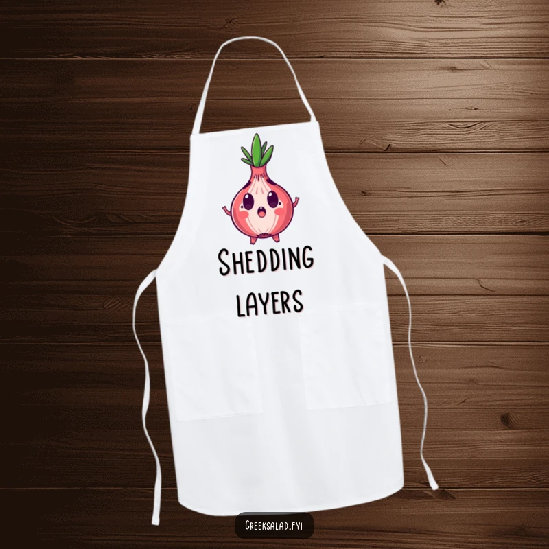 Funny apron illustration of a surprised red onion character with expanding rings, designed for kitchen fun and dramatic humor.