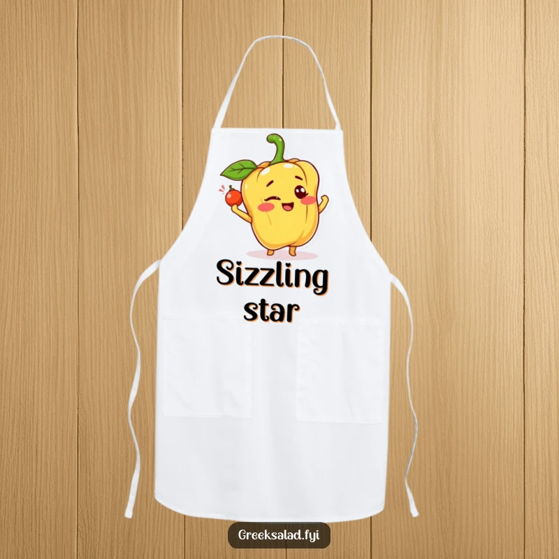 Funny apron illustration of a happy bell pepper character winking and tossing a caper, designed for kitchen fun with playful charm.