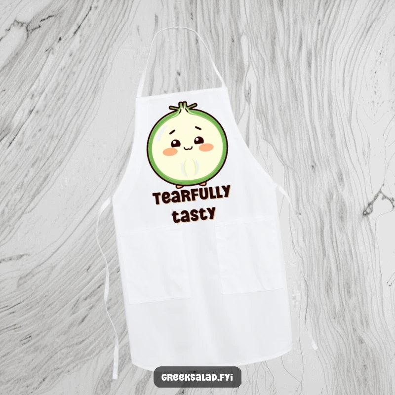 Funny Apron showcasing a cheerful onion slice in a shy, respectful bow, ideal for a humorous cooking experience.