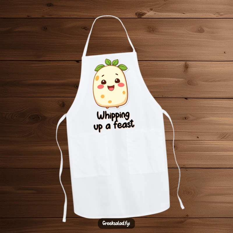 Funny apron featuring a smiling feta cheese character, perfect for chefs who enjoy adding a touch of dairy-themed humor to their cooking.
