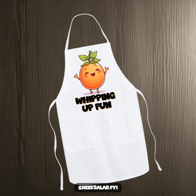 Funny Tomato Apron: A smiling tomato with a leaf hat dances playfully, ready to add humor to any cooking session.