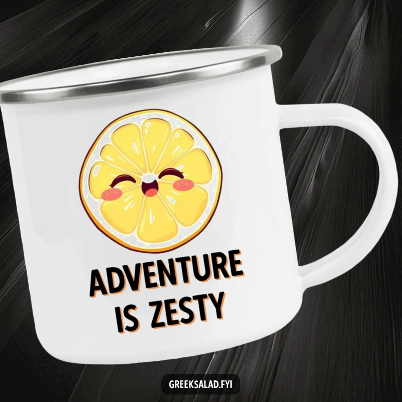 Funny camping mug featuring a giggling lemon slice with a playful wink, designed for outdoor enthusiasts who appreciate a zesty sense of humor.