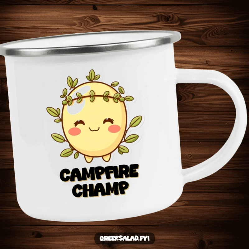 Funny, sturdy camping mug with a cheeky olive character wearing a laurel wreath, perfect for outdoor enjoyment and witty flair.