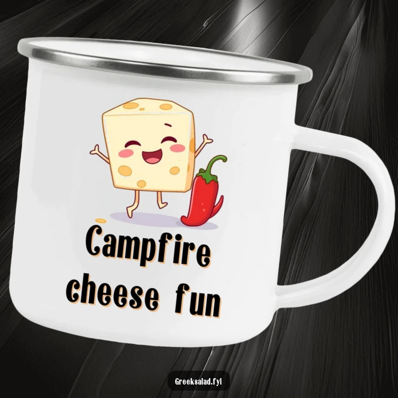 Funny camping mug with a feta cheese block playing leapfrog over a pepper, ready for outdoor fun and cheesy jokes.