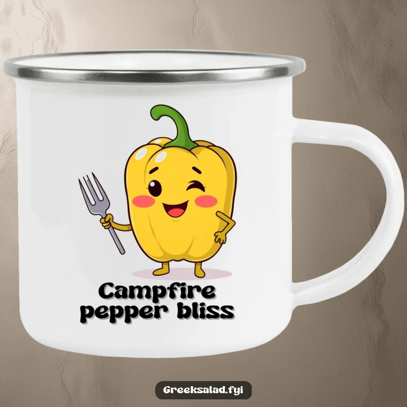 Funny camping mug featuring a jolly bell pepper in a confident pose with a mini fork, designed for outdoor chefs and food lovers.