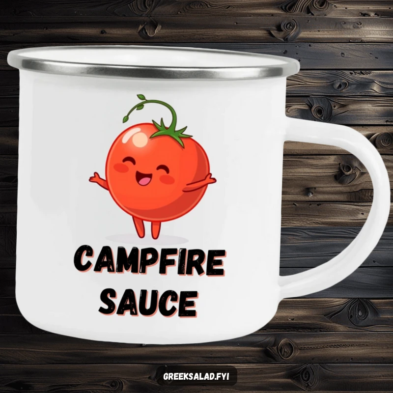 Funny Camping Mug with an enamel finish, showcasing a happy tomato with a stem performing a graceful pirouette, ideal for outdoor enthusiasts.
